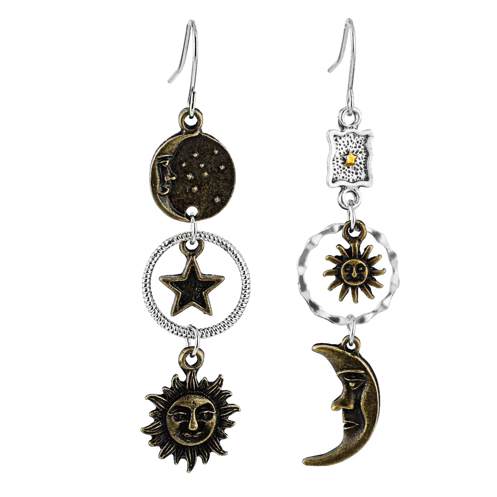 KaFu Orecchini Asimmetrici Stella E Luna, Oro Con Strass, Pendenti Per Donna, Metallo Placcato 14K