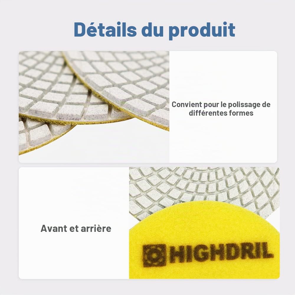 HIGHDRIL Tampons diamantés 125 mm pour polissage humide 6 pièces, disque de polissage grain 100 pour granit, marbre, quartz, pierre artificielle pour meuleuse