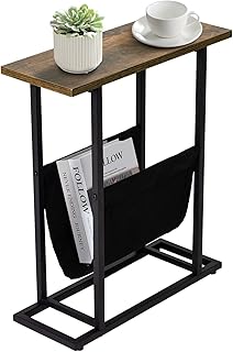 Narrow Small Side Table for Small Spaces, Living Room - Slim End Table with Magazine Holder - Skinny Bedside Table Small Nightstand Bedroom - Industrial Rustic Little Thin Side Table