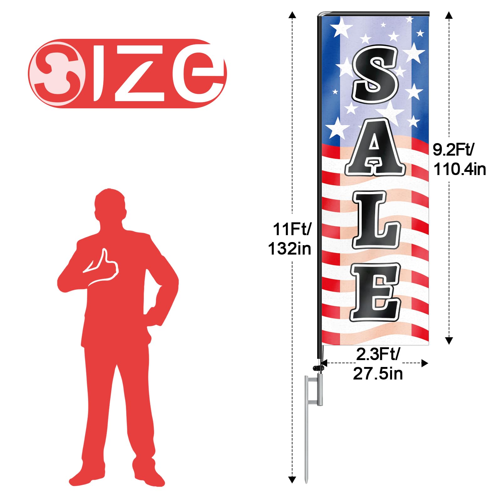 Bandera rectangular de plumas con kit de mástil de bandera y estaca de tierra, bandera sin viento de 11 pies, para publicidad en interiores y exteriores