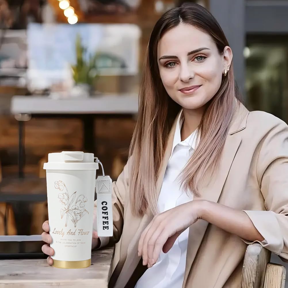 LUVDECO Termiczny kubek do kawy wielokrotnego użytku, 500 ml, izolowany, z szczelną pokrywką, kwiatowy kubek podróżny ze szczotką do czyszczenia marchwi, ze stali nierdzewnej 316, kubek termiczny do