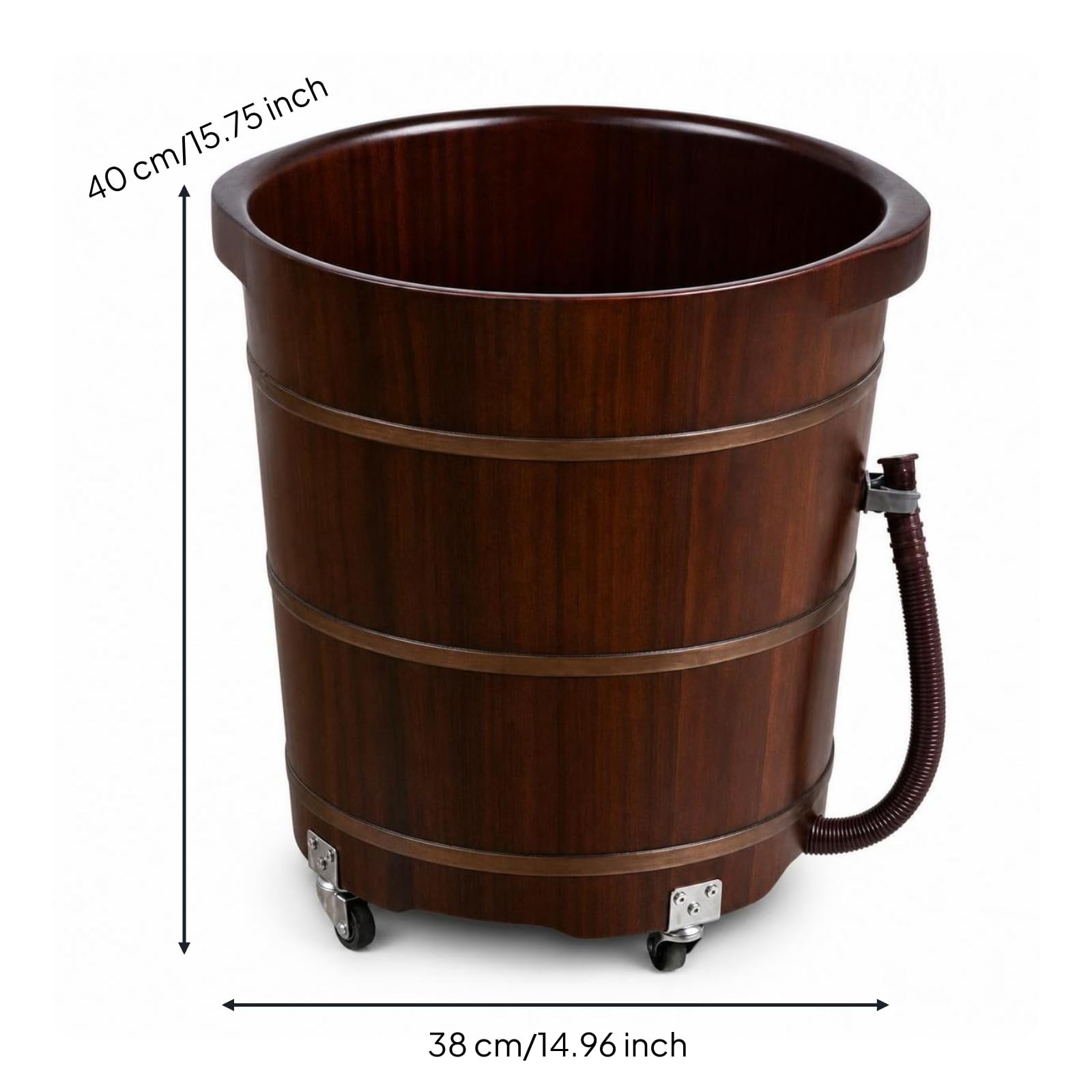 Fußbadezuber aus rustikal Fußbadewanne aus tief Fußbecken mit Ablaufschlauch für Pediküre, Badezimmer, 40 Cm, Pfirsichkernholz, Doppelohr, Mit Rollen, 40 Cm Hoch
