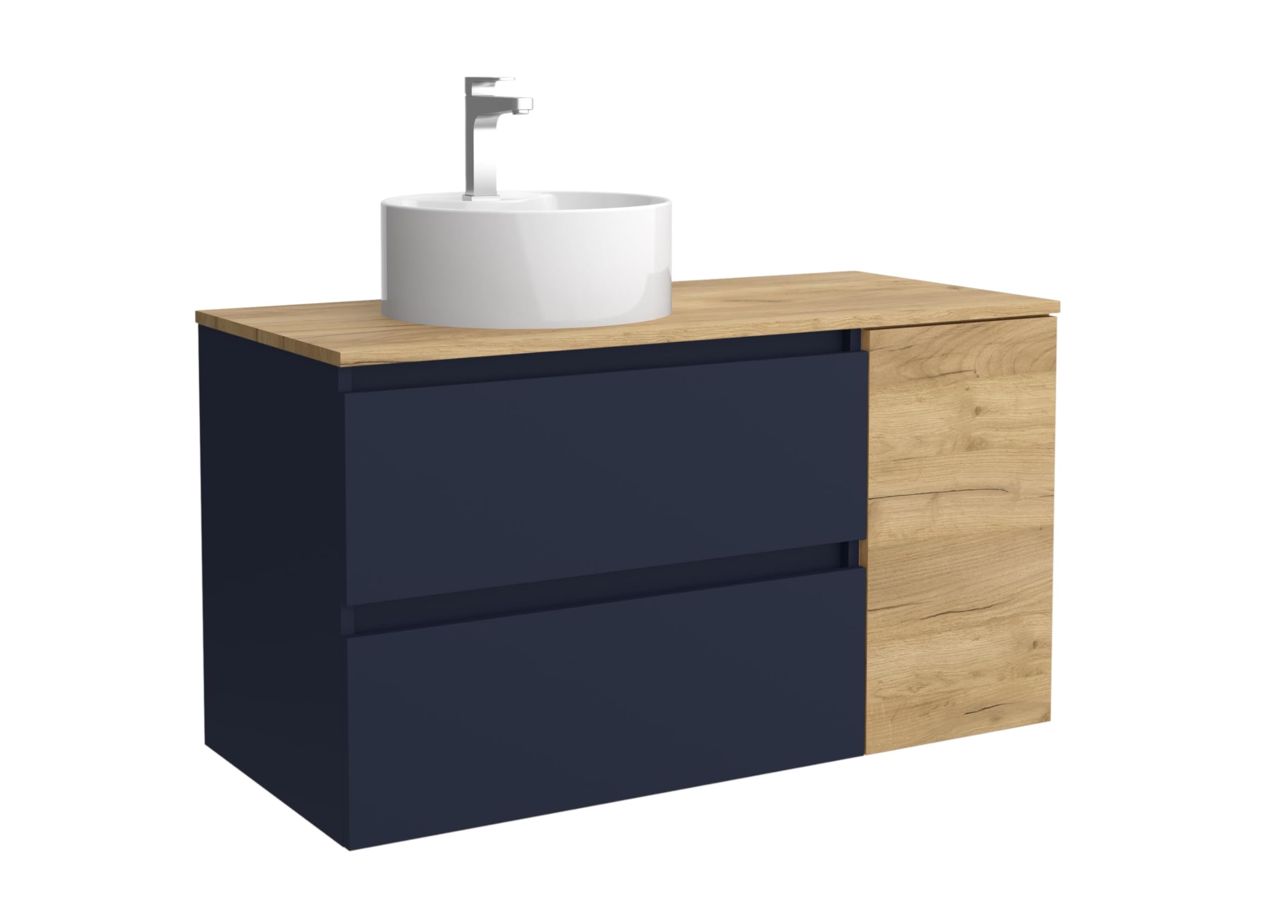 Salgar Mueble de Baño Bequia 100cm + Coqueta 1 Puerta Lado Reversible + Encimera + Lavabo posar| Azul Mate/Roble |100x45x56