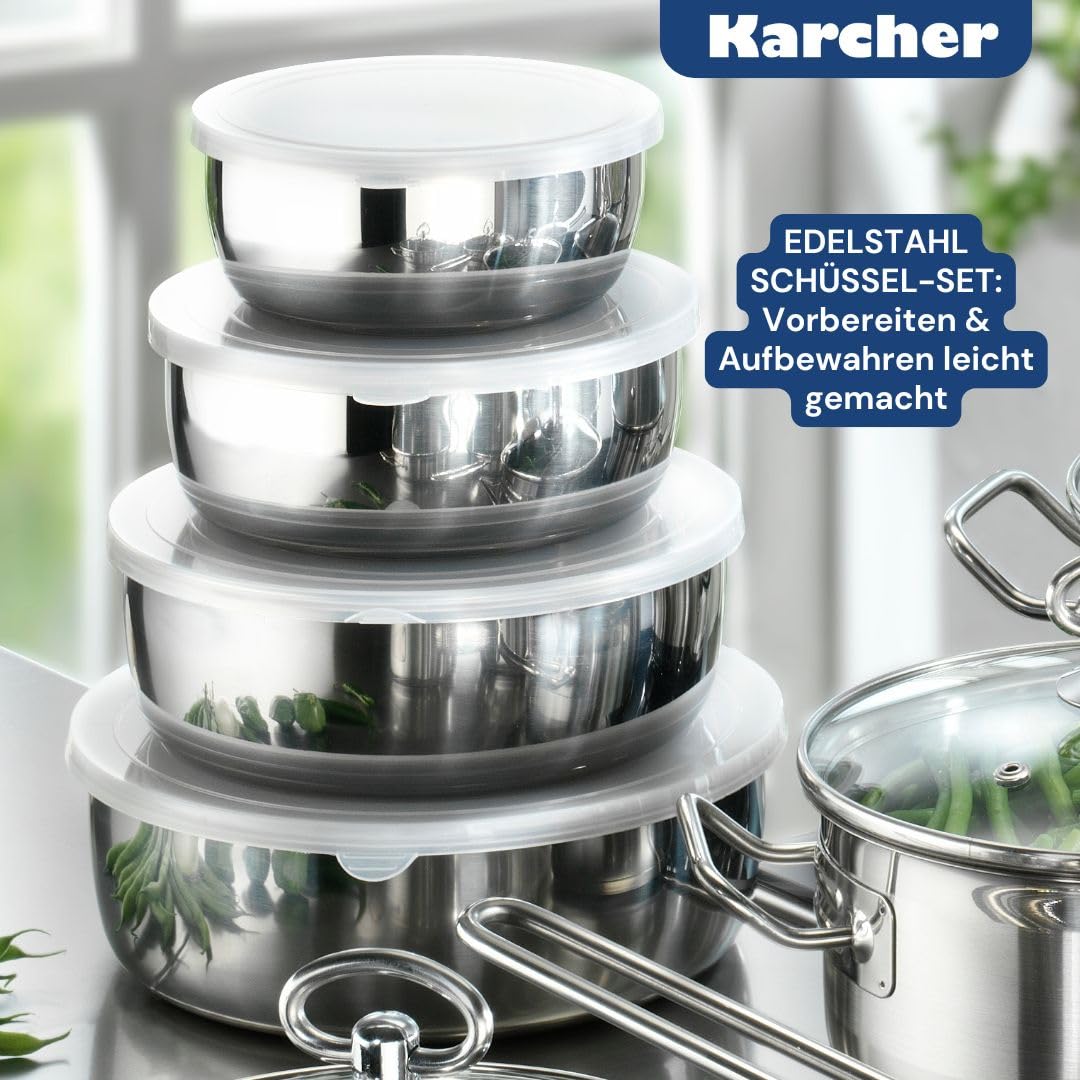 Karcher Topfset Jasmin 20-teilig | Edelstahl Kochtopf Set Induktion inkl. Glasdeckel | Töpfe & Pfanne spülmaschinenfest & backofenfest | Kochgeschirr für alle Herdarten mit Edelstahlschüsseln