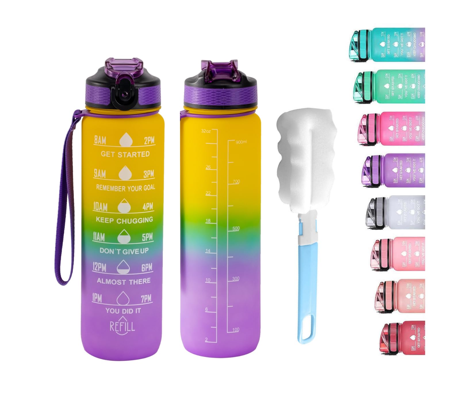 Apex.99 Men's Yellow, Blue And Purple Sports Water Bottle With Straw,1Litre Motivational Water Bottles With Time Marking,Leakproof Hydration Bottle, Reusable Bpa-Free Bottle,32Oz Drinks Bottle For Fitness, Gym, Office,Outdoor