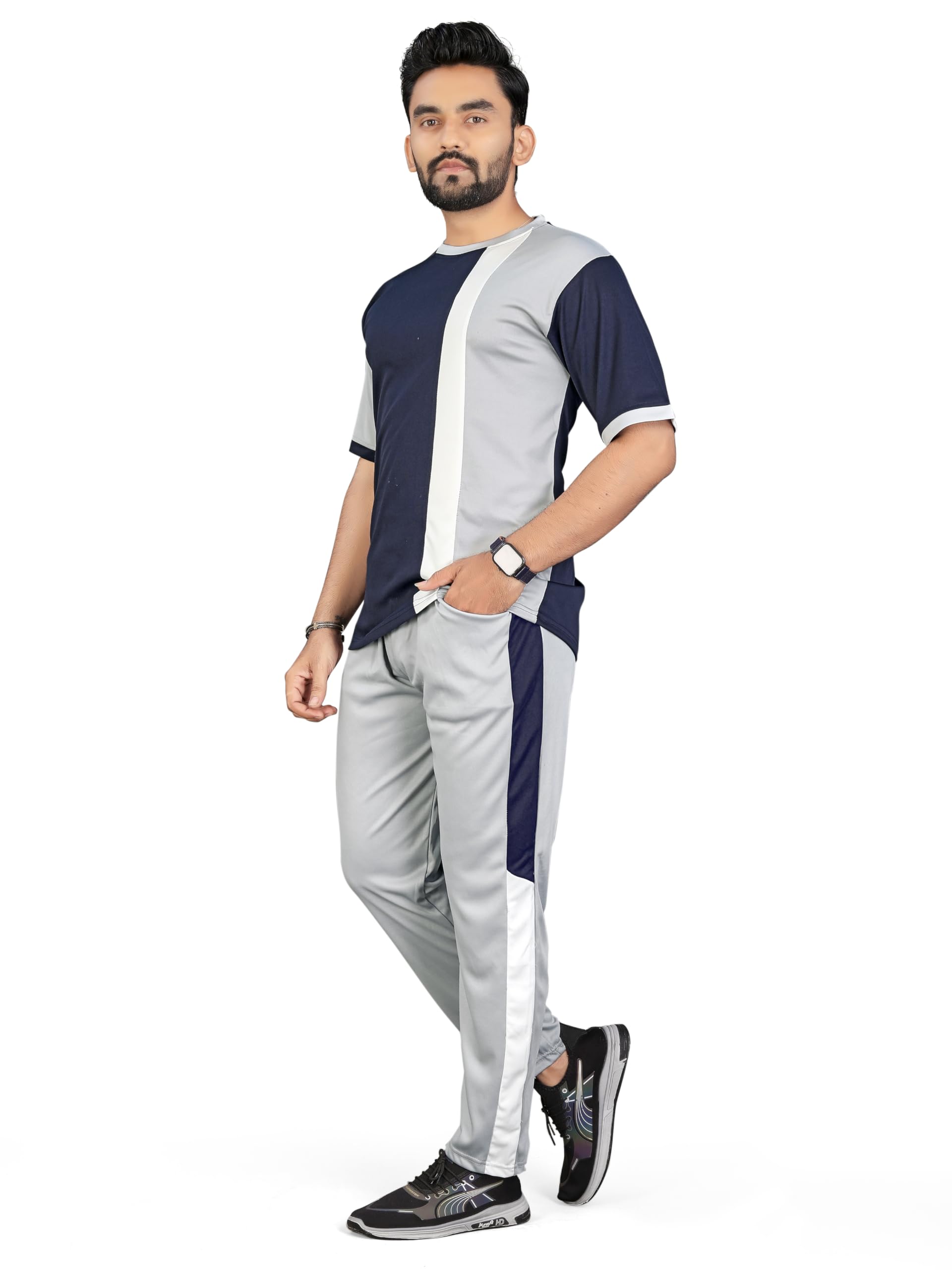 Men’s Sports Tracksuit Set – Half Sleeve Color Block T-Shirt & Jogger Pants Co-Ord Set | Lightweight Gym Wear | Casual Athletic Outfit for Running & Workout (IN, Alpha, L, Regular, Gray)-image-24