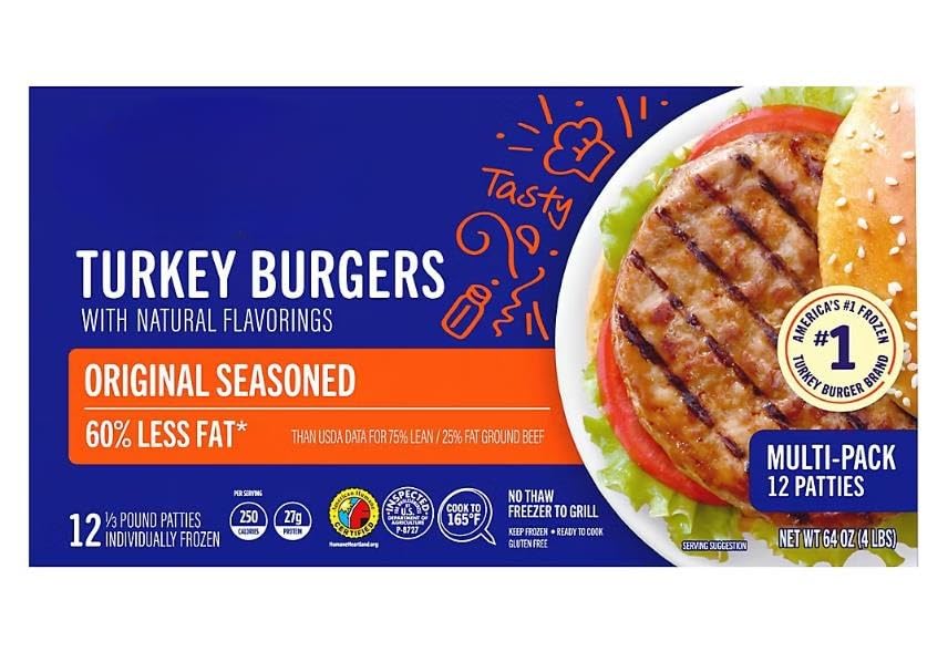 Original Seasoned Frozen Turkey Burgers. These burgers offer a convenient way to share a great meal with someone you love. These burgers go straight from the freezer to the grill or skillet, eliminating the need for thawing and saving you valuable time. Each bun-covering burger patty is expertly seasoned to deliver a juicy, savory flavor that rivals traditional beef burgers but with fewer calories and less fat, supporting a balanced diet. Each serving contains 28 grams of protein. 12 ct , [ 64 oz , 4 lb ]
