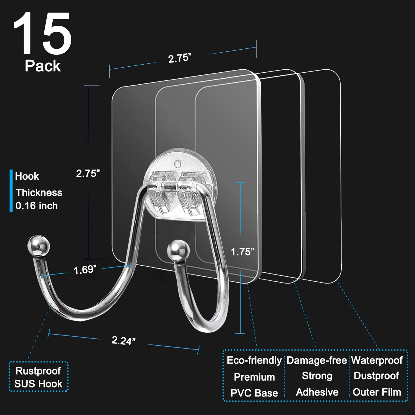 15 Pack Large Double Adhesive Wall Hooks, Damage-Free Waterproof 33 Ib Max Heavy Duty Hanging Clear Seamless Sticky Utility Hooks, Towel Coats Hats Clothes Nail Free Hangers (Twin Round Head)