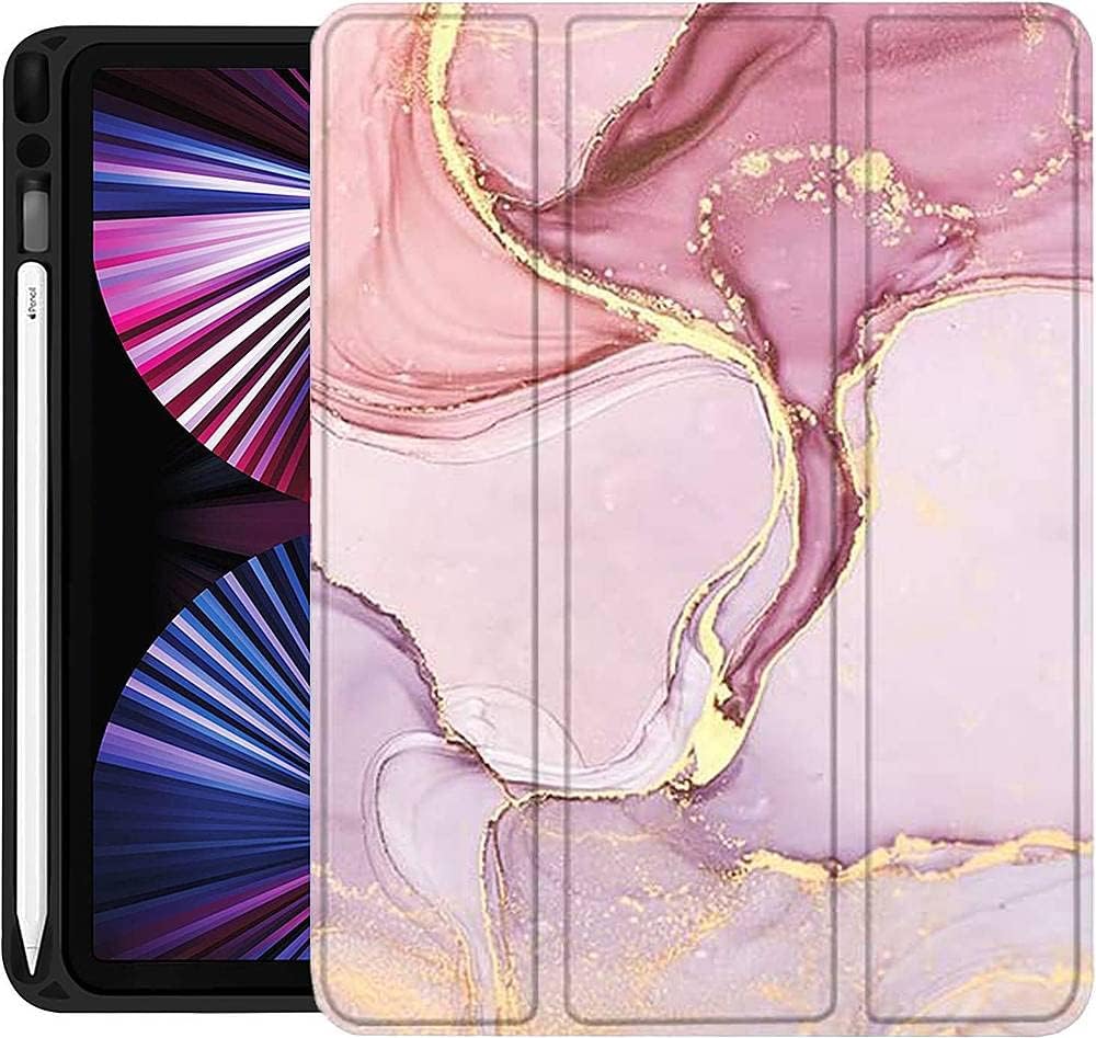 SaharaCase Marble Series Folio Case for Apple iPad Pro 11" (3rd Generation 2021 & 4th Generation 2022) [Shockproof Bumper] Rugged Protection Antislip Grip Leather Kickstand (Pink Marble)
