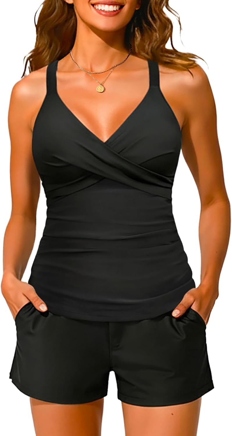 Women Underwire Tankini Swimsuit with Shorts - Two Piece Tummy Control Bathing Suit 2025 Swimwear with Pockets