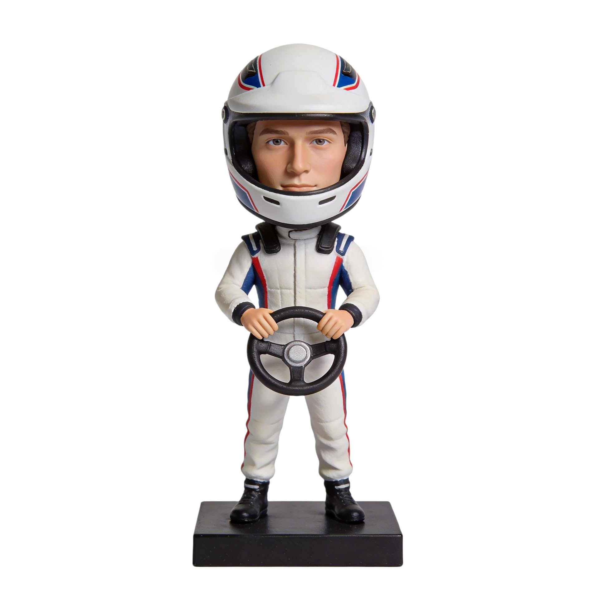 Figurine 3D personnalisée Bobblehead de photo Bobbleheads - Pilote de voiture de course - Costume de course - Casque de volant - Cadeaux de sport automobile - Souvenirs de course - Décoration