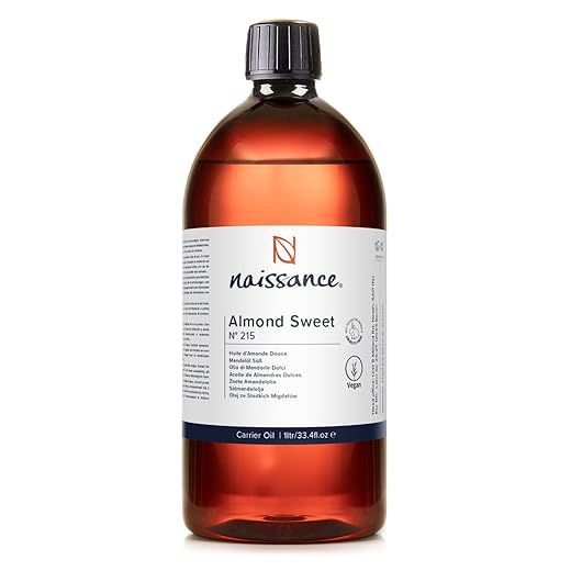 Naissance Aceite De Almendras Dulces Prensado en Frio Puro (No 215) - 1 Litro - Hidratante y Emoliente Natural Cuidado Cara, Pelo, Uñas, Cuerpo, Piel – Ideal Para Masaje Corporal, Jabones, Estrías