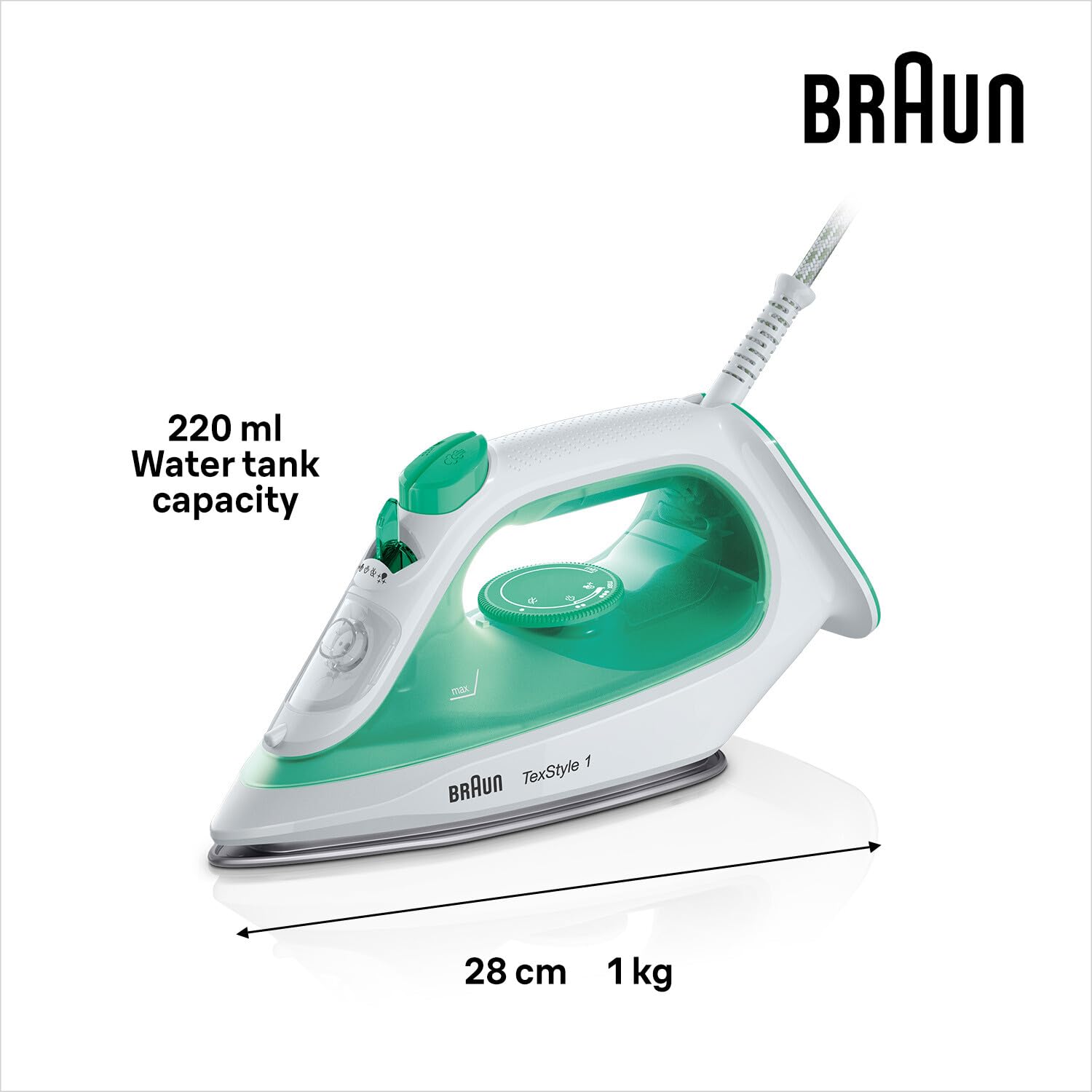 Braun TexStyle1 SI1040GR Ferro da stiro a Vapore, 5 Anni di Assistenza, Riscaldamento Rapido, Termostato Regolabile, 25g/min vapore in continuo, 120g/min colpo vapore, Serbatoio 220ml, Potenza 2000W