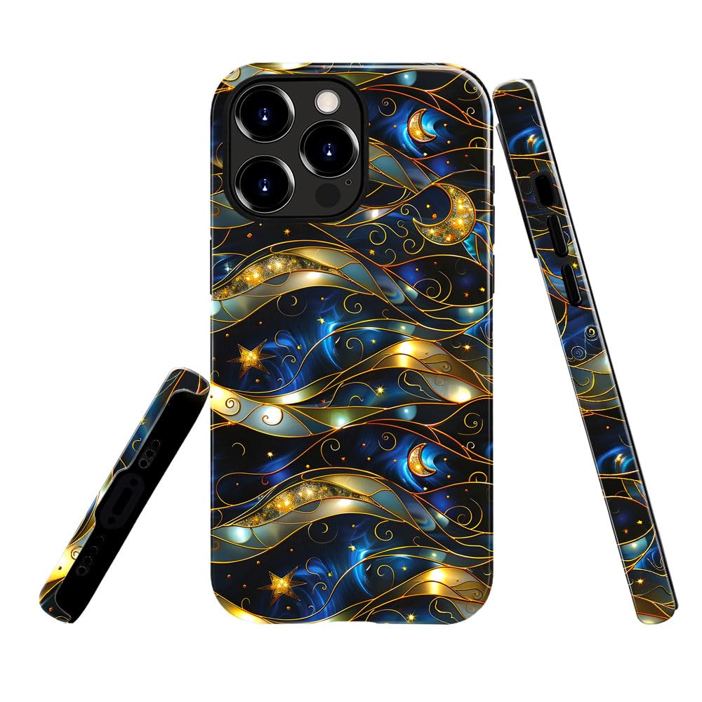 TnXee Case Compatible with iPhone 15 Pro Max,Fall Prevention Glossy Hybrid 2-Layer Hard Shell Cases for Girls Boys,Stained Glass Effect Moon Stars