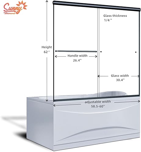Miniatura 76 de SUNNY SHOWER Puerta de ducha semi-sin marco de 60 pulgadas de ancho x 72 pulgadas de alto, puerta de ducha de vidrio doble corredera, cabina
