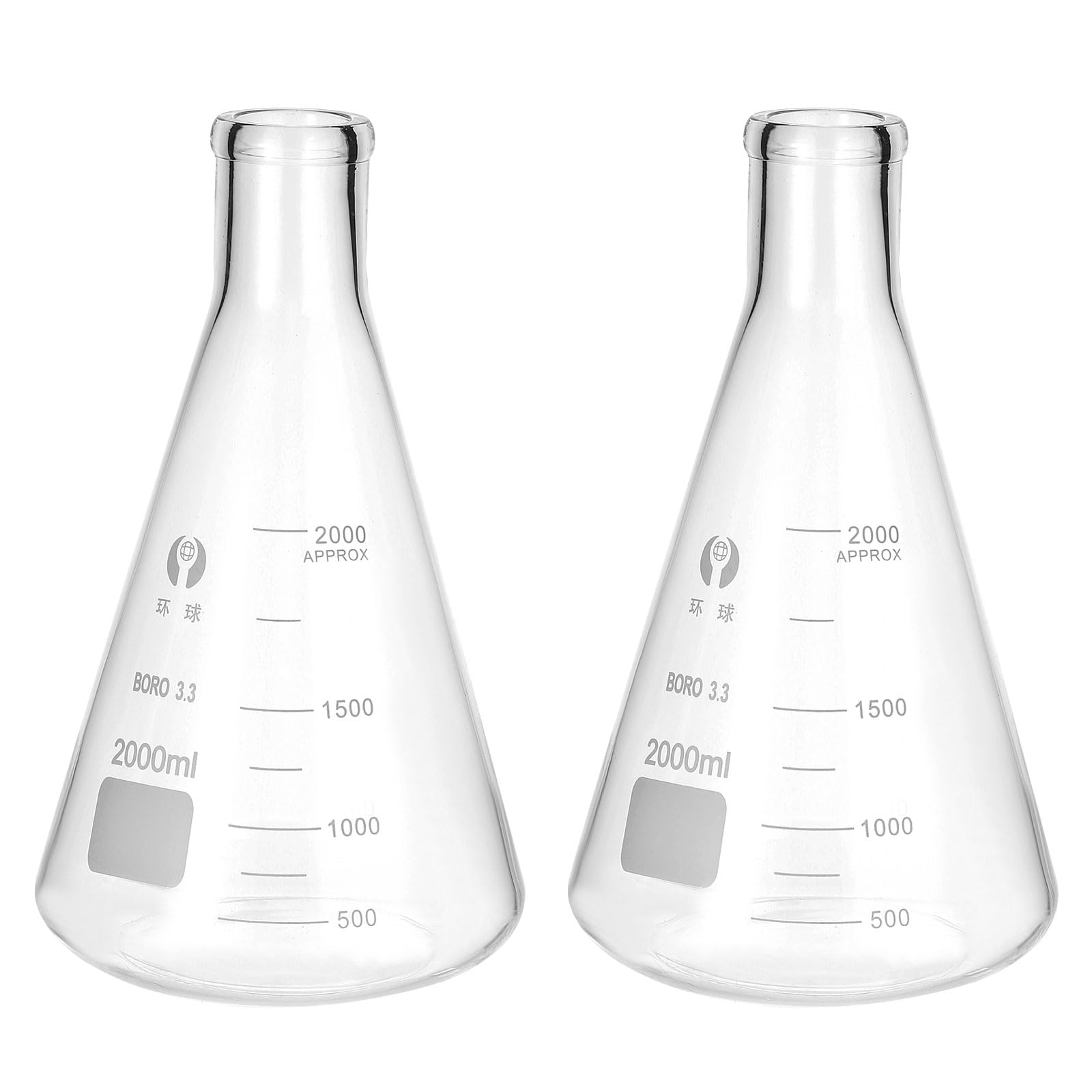 PATIKIL Erlenmeyerkolben 2 Stück 2000ml 67.6oz Schmale Öffnung Messkolben Borosilicatglas Mit Aufgedruckter Skala Für Laborversuche Chemie Wissenschaftliche Studien