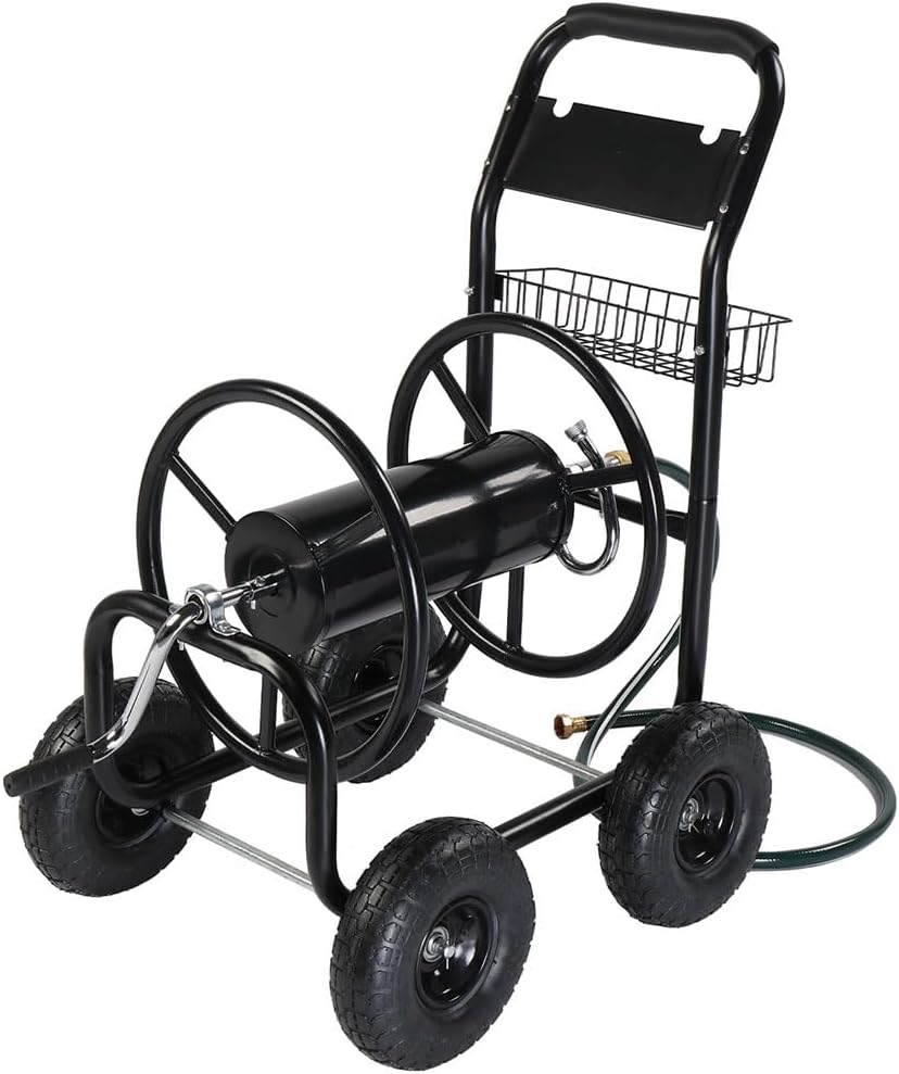 Garden Tools Hose Reel Cart, Heavy Duty Powder-Coated Steel Outdoor Planting with Storage Basket with Solid Tires Outside Portable Water Hose Organizer for Backyard, Garden, or Lawn,