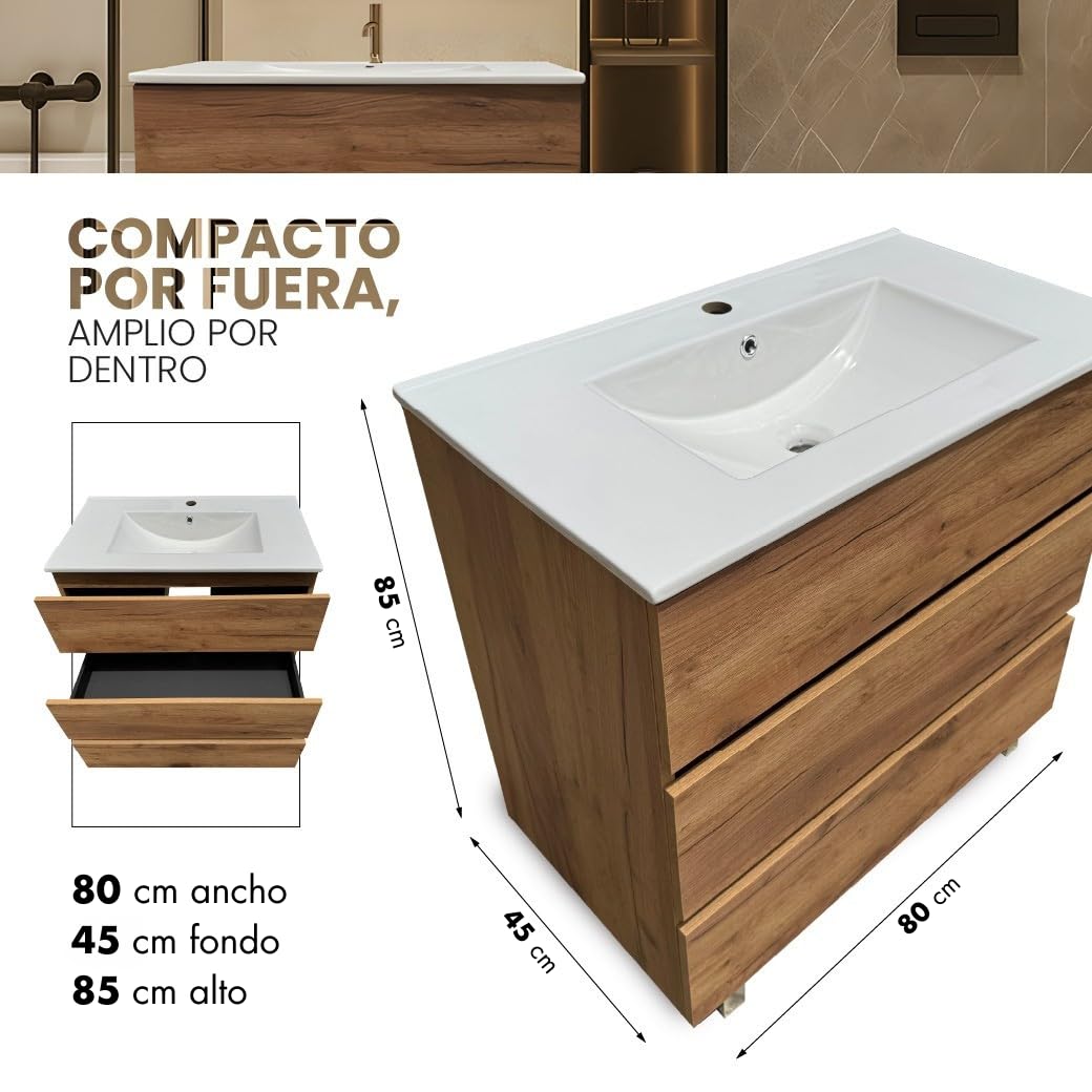 Juego Mueble Baño con Lavabo. Mueble Lavabo 80 cm. Mueble Bajo Lavabo Compacto Preinstalado de Fábrica. Mueble Baño con Lavabo 80 cm con Pie de Porcelana. No Incluye Espejo.