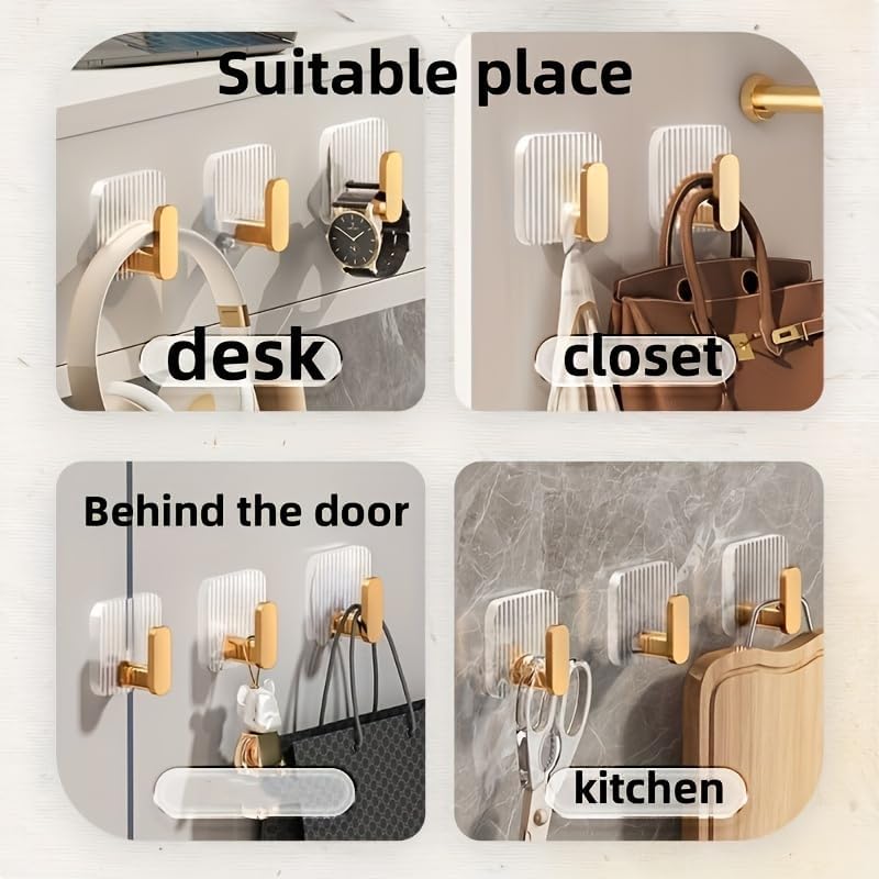 Image of LEAWALL Heavy Duty Adhesive Wall Hook, Waterproof Golden Self Adhesive Hook for Bathroom & Kitchen, Hook Hanger for Towels, Bags, Keys & Accessories, No Drill Wall Hook Set (4 Pcs)