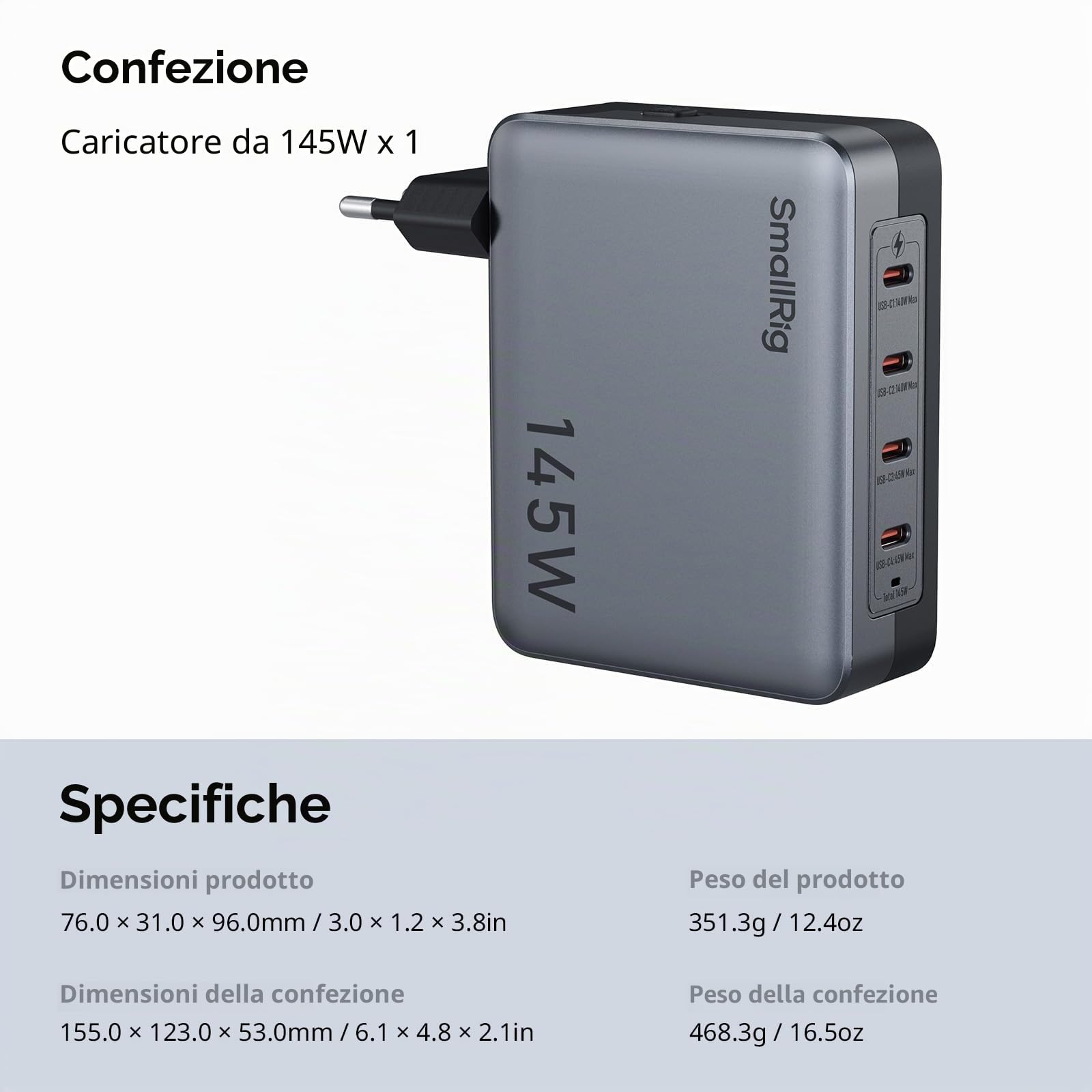 SMALLRIG 145W USB-C Charger, 4-Port PD3.1 GaN Fast Pieghevole Charger per MacBook Pro/Air PPS Wall Charger Power Adapter per iPad, V-Mount Battery, Laptop, Fotocamera - 4748