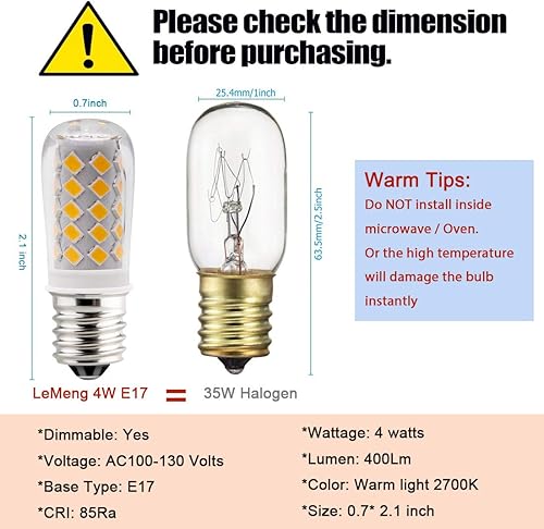 Miniatura 4 de KAKEMONO Bombilla LED regulable E17 para ventilador de techo de 4 W, equivalente a halógeno de 40 W, 2700 K blanco cálido 120 V E17 base intermedia