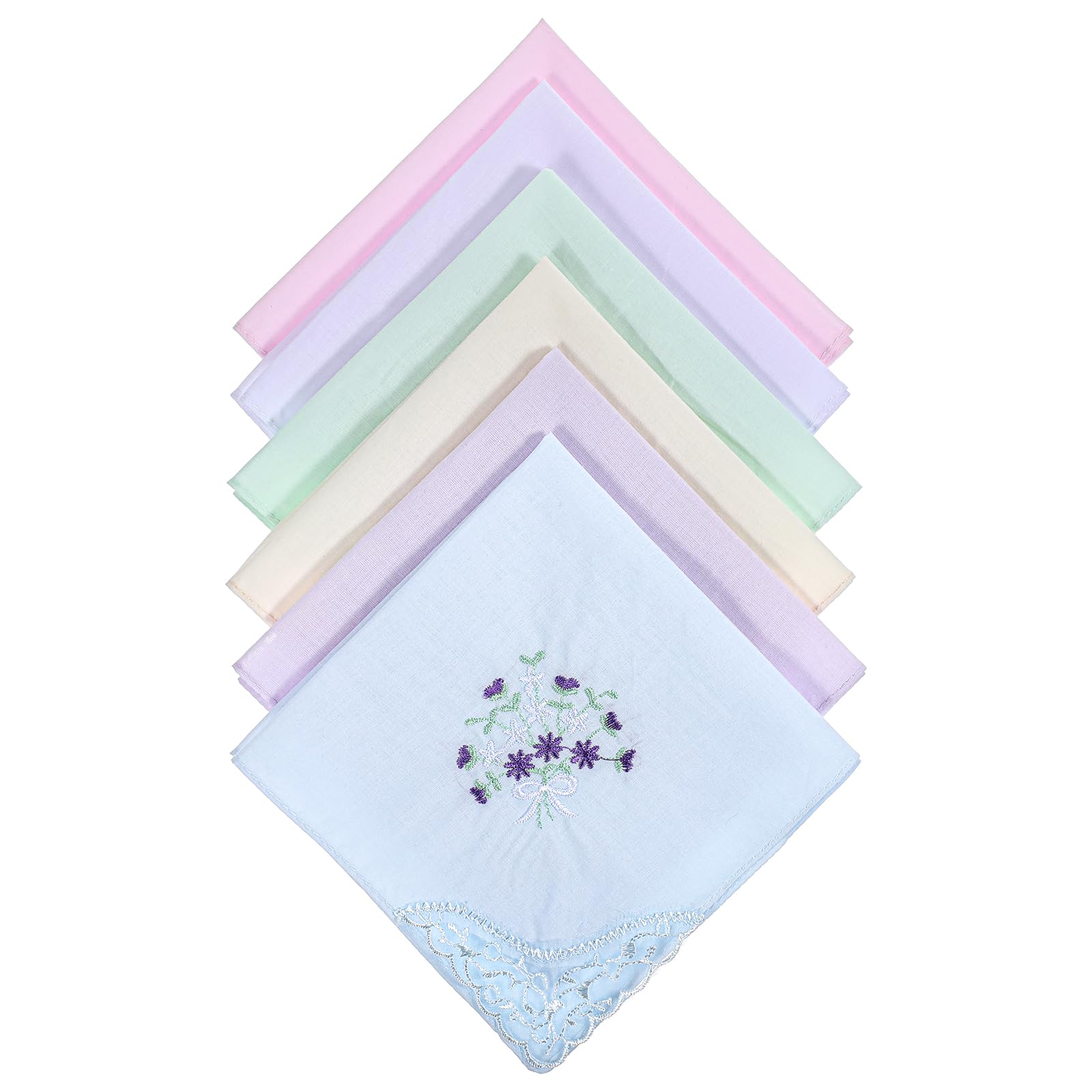 6pcs Vintage Floral Embroidered Handkerchiefs for Women, Butterfly Lace Hanky, 100% Cotton, 11x11 inches, Assorted Colors (White, Pink, Yellow, Green, Blue, Purple)-image-36