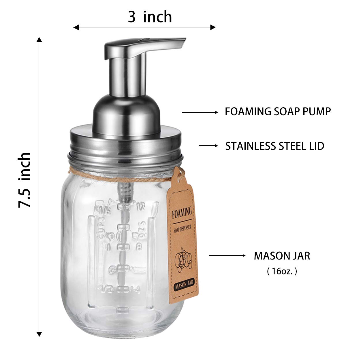 Mason Jar Foaming Soap Dispenser -Rustproof Stainless Steel Lid/BPA Free Foam Pump-Waterproof Chalkboard Labels-Farmhouse Decor Bathroom Accessories,Refillable &Eco Friendly -Brushed Nickel (2 Pack) - Image 4
