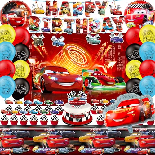 Image of Cars Birthday Decorations, Cars Party Supplies Include Birthday Banner, Foil Balloons, Backdrop, Tablecloth, Cupcake Toppers, Hanging Swirls for Cars Theme Party Decorations
