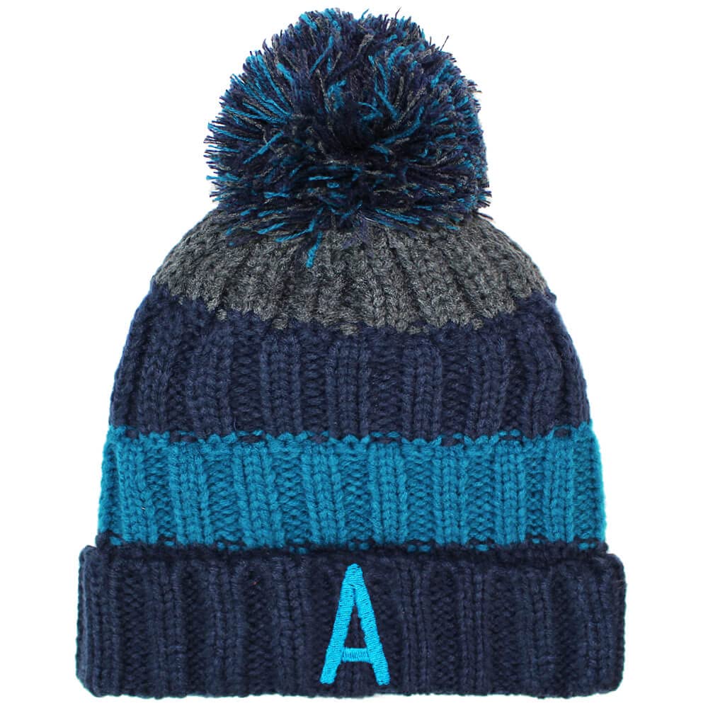TeddyT's Personalised Initial Boys Blue Striped Chunky Knitted Bobble Hat (5-12 Years)