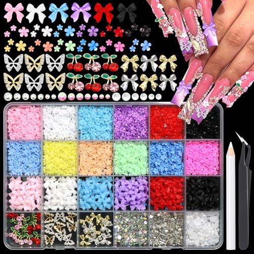 Image of RODAKY Flower Nail Charms 3D Bow Butterfly Charm for Nails Art Cute Cherry Nail Gems Flatback Rhinestone White Nail Pearls Beads 24 Grids Nail Decoration Kit with Tweezer