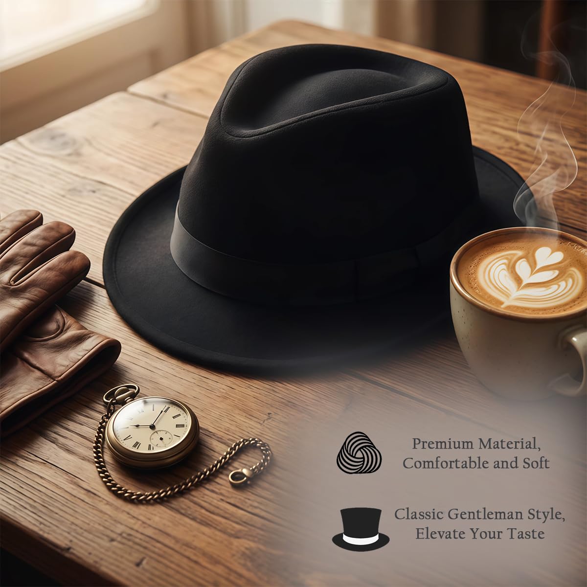 Happyupcity - Sombrero negro estructurado para hombre tipo Gangster Trilby Fedora Jazz, estilo Floppy Panama Gentleman, sombrero plano