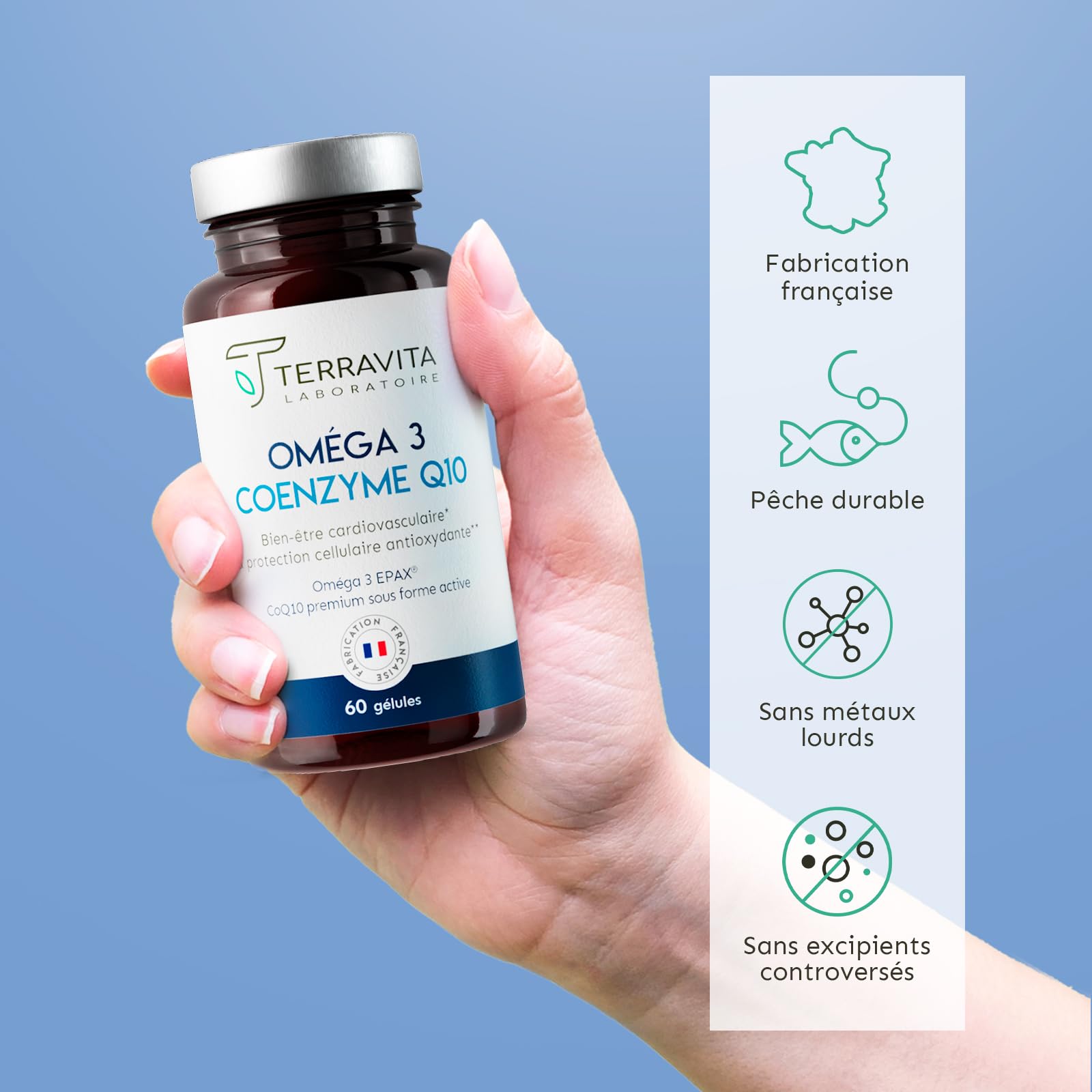 Oméga 3 Brevetés EPAX® + Coenzyme Q10 Ubiquinol Kaneka® | Poissons Sauvages | Système Cardiovasculaire - Immunitaire - Cérébral | TOTOX Ultra Faible | 60 Capsules | Made in France | Terravita