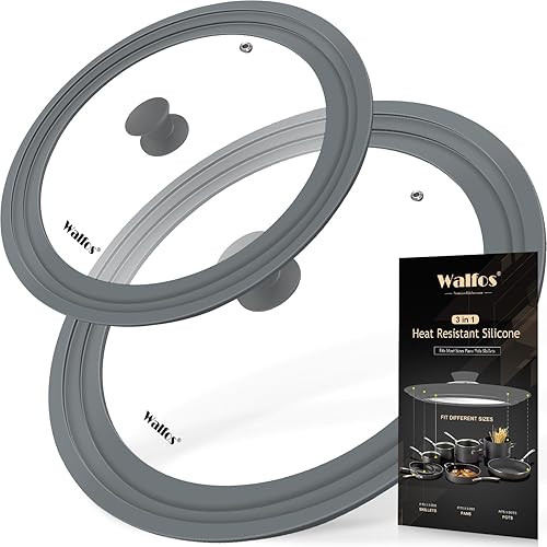 Tapa universal para ollas, sartenes y sartenes, tapa de sartén de vidrio templado Walfos con borde de silicona resistente al calor, tapas grandes