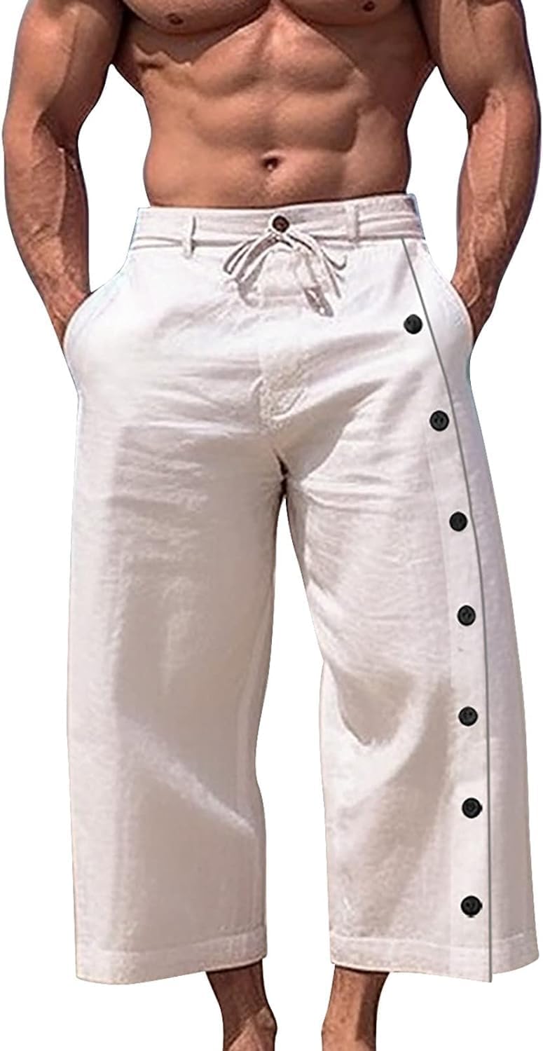 Amaonz Men's Linen Cotton Capri Pants Loose Fit Elastic Waist Wide Leg Baggy Harem Pants Casual Summer Beach Trousers