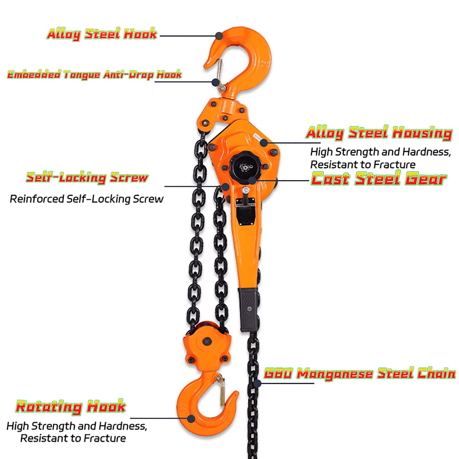 TY&WJ 1T(1000Kg/2200LBS) Hebel Kettenzug, 1,5M Hubhöhe Hebelzug Mit 360° Drehbarer Haken & G80-Kette Handkettenzug Für Werkstatt, BAU, Industrie,1ton,1.5m/5Ft