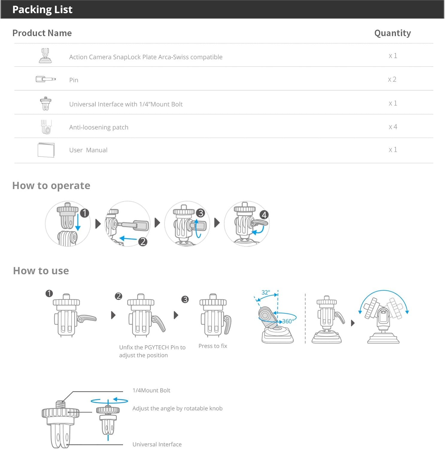 PGYTECH Action Camera Arca-Type Quick Release Plate, Aluminum Alloy Action Camera Mount for Gopro/Insta360/DJI Osmo Action/Pocket Most Action Cameras, Quick Connecting to Backpacks, Belts and tripods - Image 9