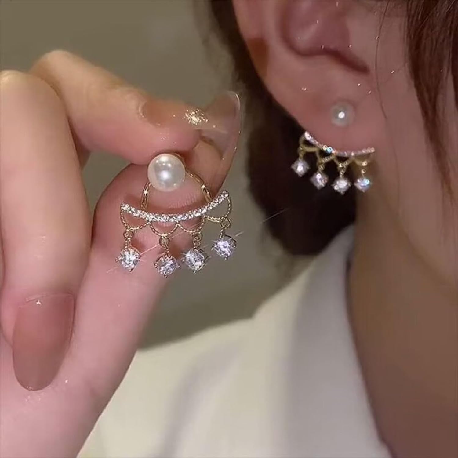 Sparkly Pearl Crystal Ear Jacket Earrings Crystal Dangle Climber Earrings Gold Pearl Front Back Earrings Cz Rhinestone Earrings Bling Wedding Earrings Jewelry for Women - Image 5