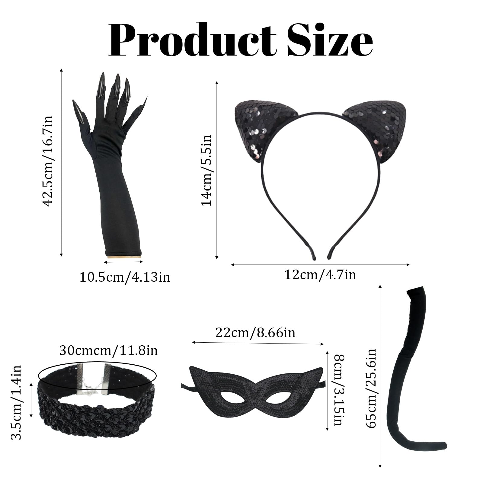 Celebration Directre Black Cat Costume for Women Sequins Black Cat Ears Masquerade Mask Choker Necklace Claw Gloves Cats Tail Catwoman Costume Accessories for Women Girl Halloween Theme Party - Image 2
