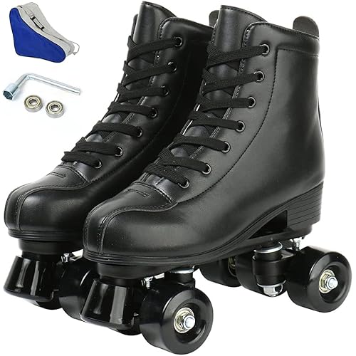 Tmore Roller Skates for Women and Men, Classic Double-Row Indoor Outdoor Roller Skates High-Top Premium PU Leather Adjustable Light Up Four-Wheel Unisex Quad Roller Skates for Beginner Girls Boys