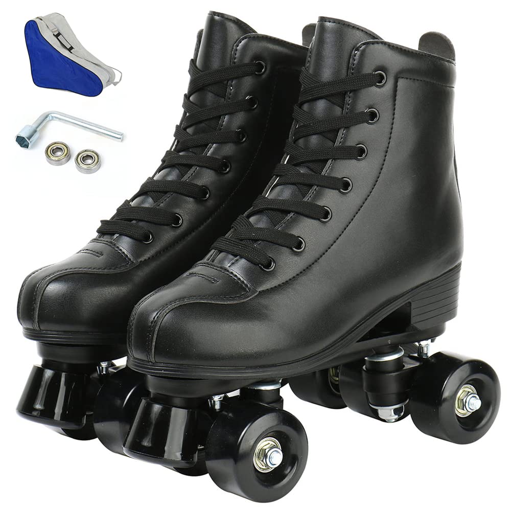 Tmore Roller Skates for Women and Men, Classic Double-Row Indoor Outdoor Roller Skates High-Top Premium PU Leather Adjustable Light Up Four-Wheel Unisex Quad Roller Skates for Beginner Girls Boys