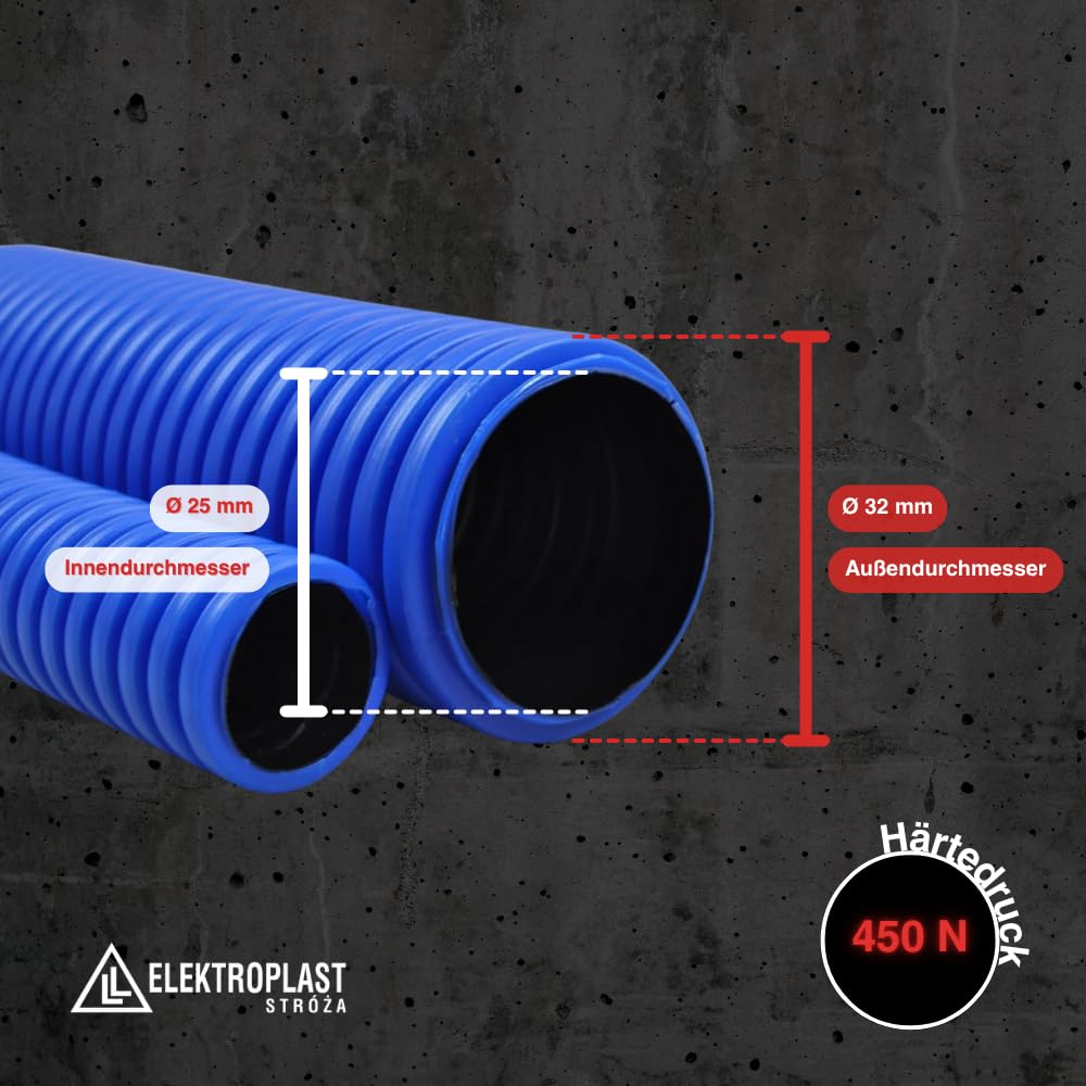 Doppelwandiger Kabelkanal 25m, DN32 (Außen 32mm, Innen 25mm) aus Polyethylen mit gewellter Außenwand und glatter Innenwand Kabelschutzrohr 450N Wellrohr Verlegung im Erdreich Leerrohr Einzugshilfe