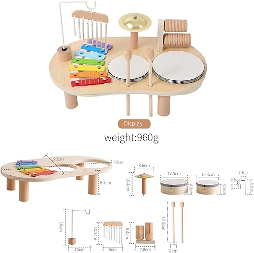 Miniatura 8 de Promise Babe Juego de batería de madera para niños pequeños de 1 a 3 años, instrumentos de percusión musical para niños, juego de batería para