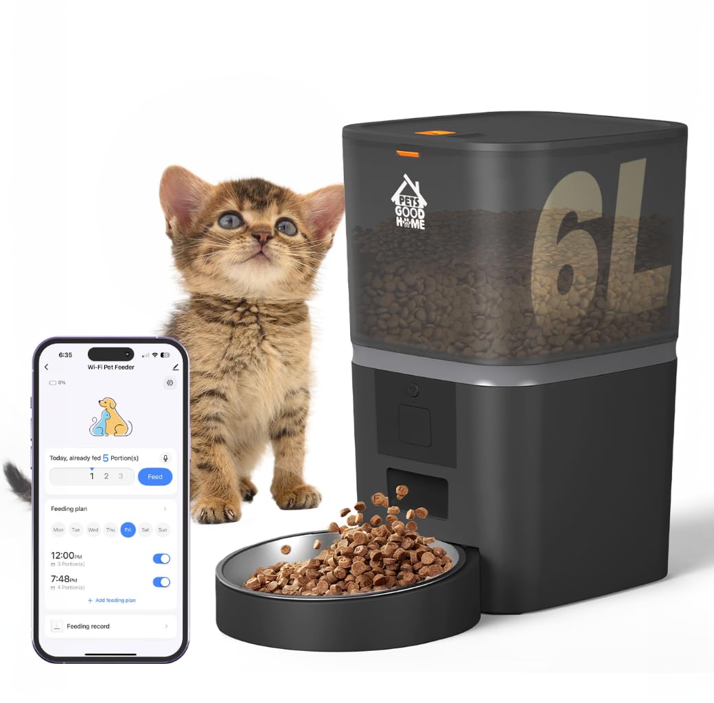 Automatic Cat Feeder, 6L Timed Dry Food Dispenser for Cats and Dogs, App Control, Portion Control, Scheduled Daily Meals, Up to 10 Meals Daily.