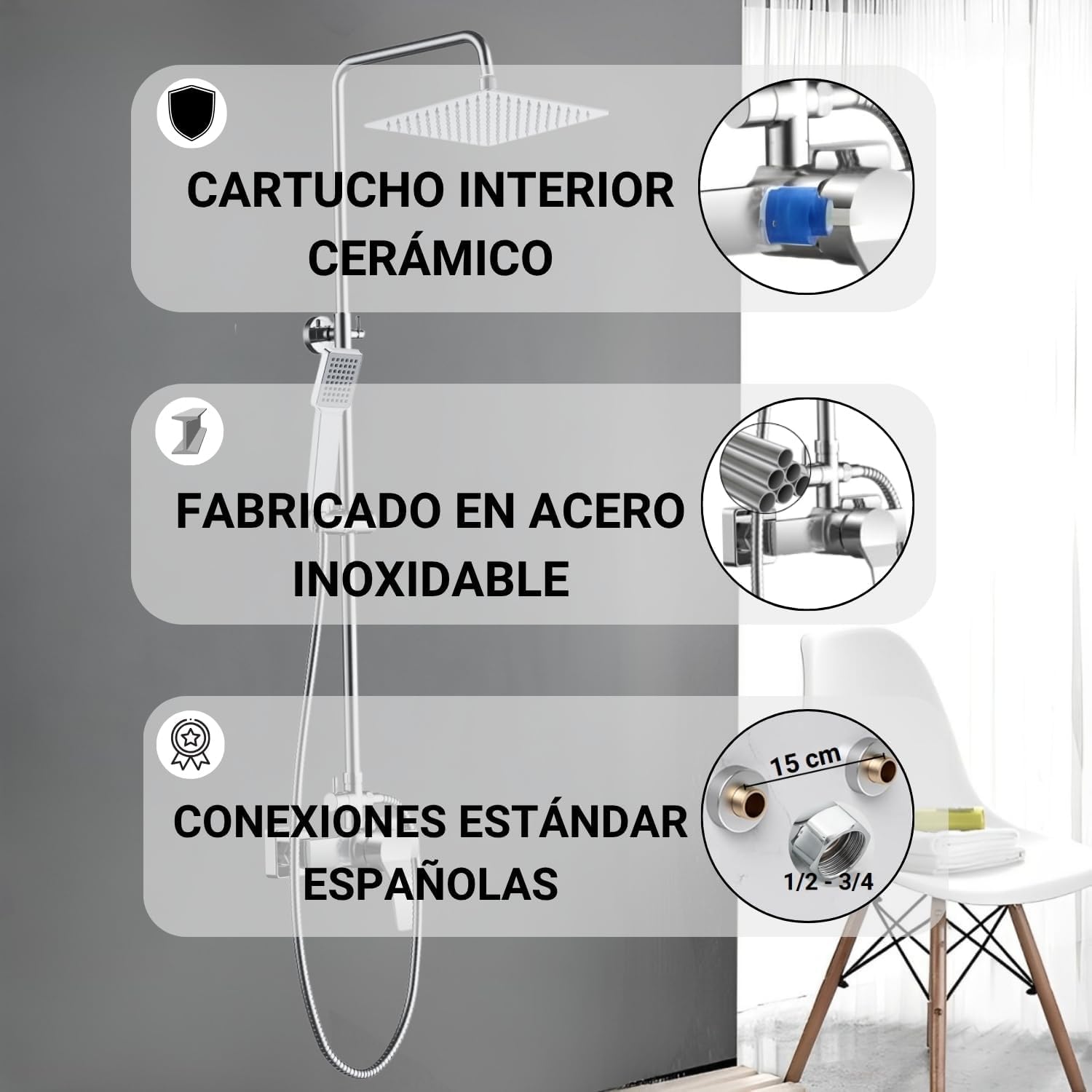 DUCHAS de baño Columna | COlumna DUCHA | COLumnade ducha CON GRIFO | columna ducha MONOMANDO | Conexión Universal | Fácil Instalación | Rociador Efecto Lluvia | Conjunto de Ducha