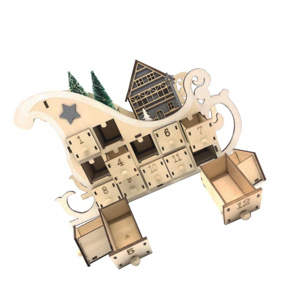 BESPORTBLE Holz Weihnachtskalender mit Schlittenform DIY Bastelidee für Weihnachten Countdown Kalender aus Holz Weihnachtsdeko für Schreibtisch und Wohnzimmer
