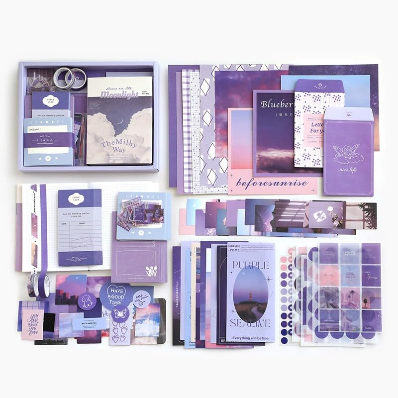 Doraking Aesthetic Scrapbook Kit, Bullet Junk Journal Kit with Journaling, Scrapbooking Supplies, Stationery, A6 Grid Notebook with Graph Ruled Pages DIY Scrapbook Gift 10 Clear/Purple