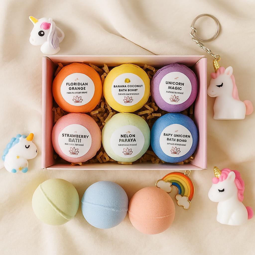 Organic Unicorn Bath Bombs for Girls with Surprise Toys Inside for Kids | Cute Unicorn Ring, Keychain, Necklace, Toys and Bonus Unicorn Purse - Christmas Gift Set Bath Balls with Unicorn Toys Inside