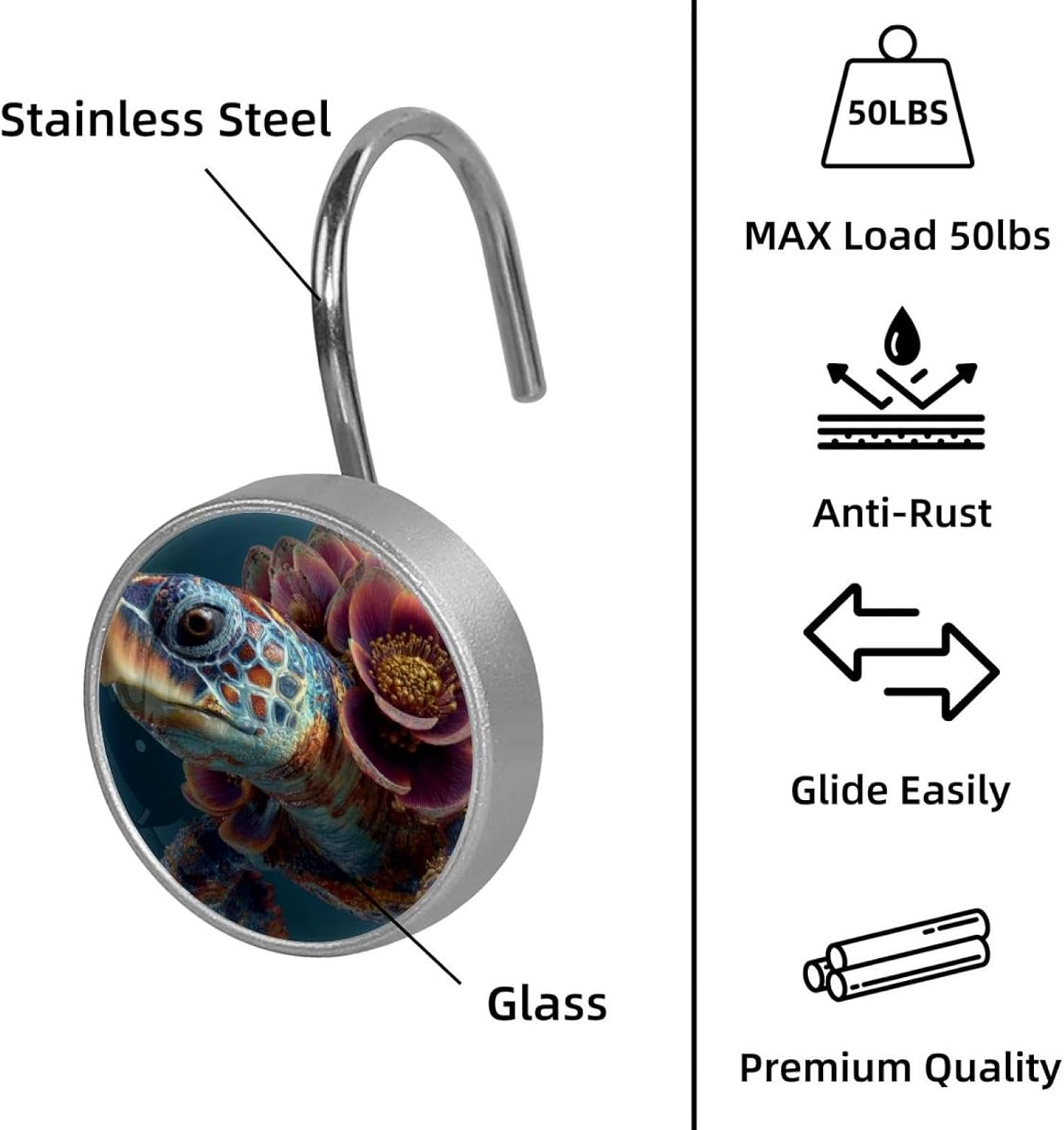 12PCS Sea Turtle Flower Shower Curtain Hooks Metal Rust Resistant Decorative Shower Curtain Hooks Bathroom Decorations