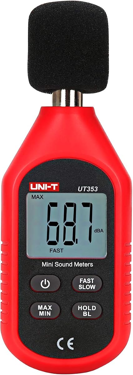 UNI-T UT353 Medidor de decibelios, medidor de nivel de sonido digital 30-130 dB Dispositivo de medición de volumen de ruido de audio Medidor de sonido Máx./Mín. Rápido/Lento Retención de datos LCD retroiluminado Apagado automático