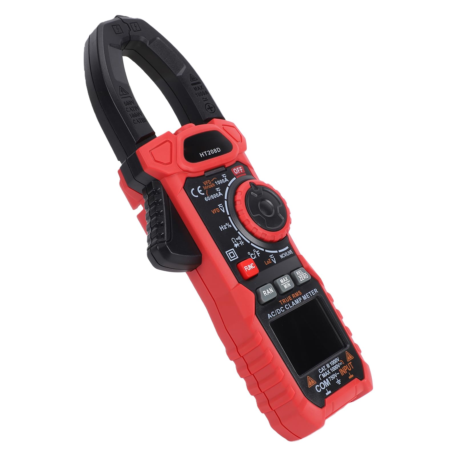Pinza Amperometrica Digitale 6000 Conteggi NCV Tester di Tensione Senza Contatto Ganascia da 40 Mm, con Corrente CA CC Tensione Resistenza Capacità Temperatura (HT208D senza batteria (1000